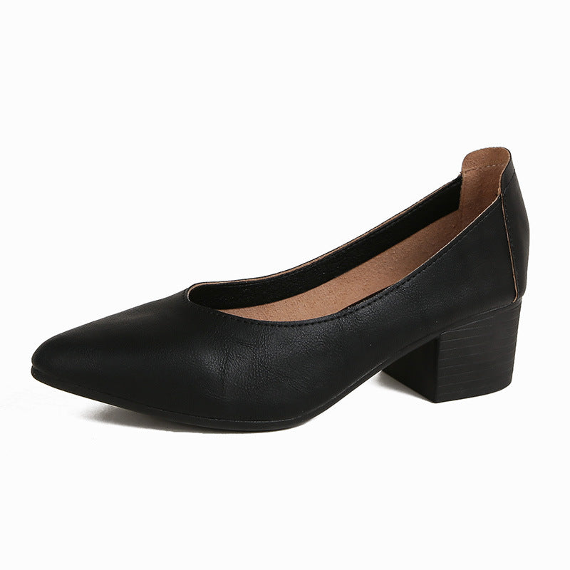 Moccasined granny shoes thick heel pointed toe single shoes women's middle heel 2024 new spring and autumn versatile soft leather pumps high heels