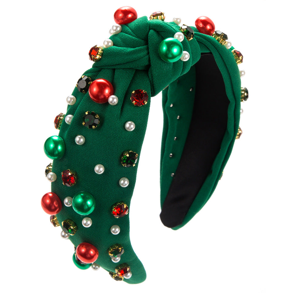 European and American Christmas pearl headband, red and green diamond headband, simple and versatile trendy hair accessory Christmas