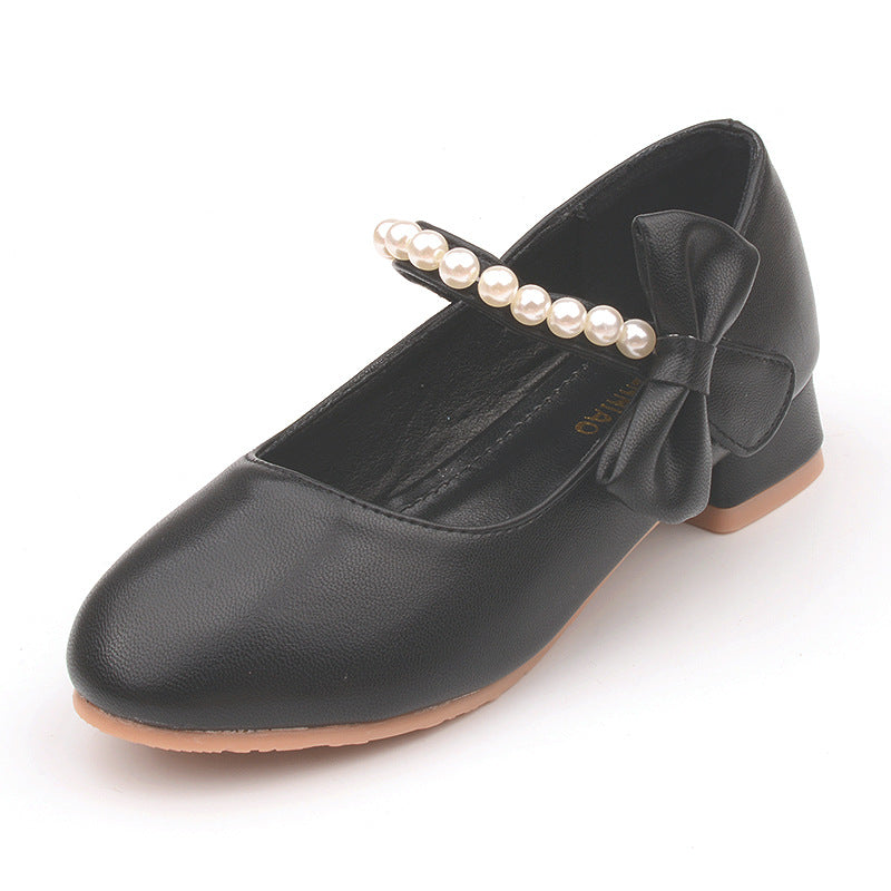 Children's shoes factory wholesale children's leather shoes white bow spring and autumn girls high-heeled princess shoes pearl tide shoes