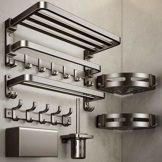 Gun Grey Towel Rack Space Aluminum Toilet Bath Towel Rack Toilet Double Fold Bathroom Storage Rack No Punch Hole Wall Hanging