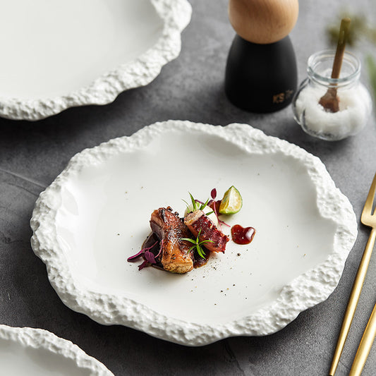 Quality and creative white porcelain private dish plate hotel restaurant stone texture edge characteristic ceramic Internet celebrity tableware