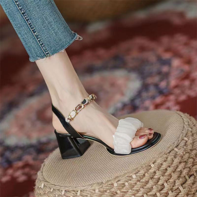 Real soft leather sandals women's 2025 summer new fairy style with skirt with block heel comfortable and versatile high heels