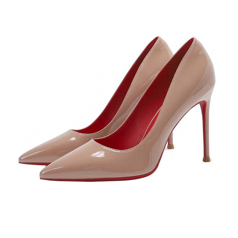 Red bottom high heels women's stiletto sexy black bed pointed toe high-heeled patent leather size French single shoes women