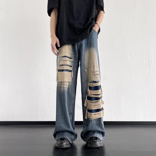 Retro patch ripped jeans, men's design, Japanese summer ins, trend, loose and versatile, wide-legged long pants