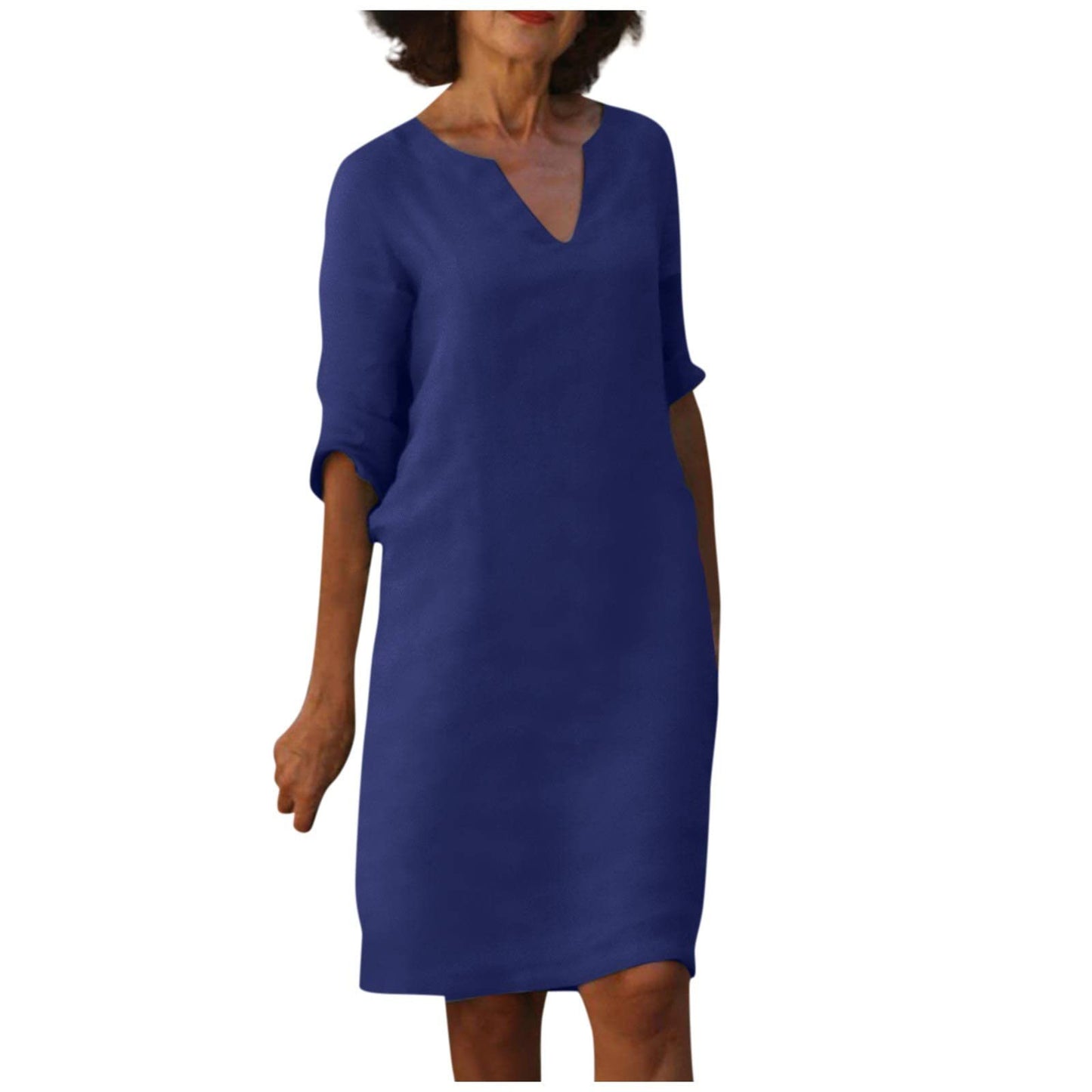 Amazon European and American cotton and linen V-neck stitching retro high-waisted solid color three-quarter sleeve dress cotton and linen wash crinkled fabric