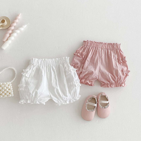 Baby summer thin cotton bud pants shorts, baby girls solid color fungus edge, sweet casual pants are versatile