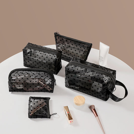 ins Japanese Korean girl heart flocking love mesh cosmetic bag transparent travel storage bag portable lipstick bag wholesale