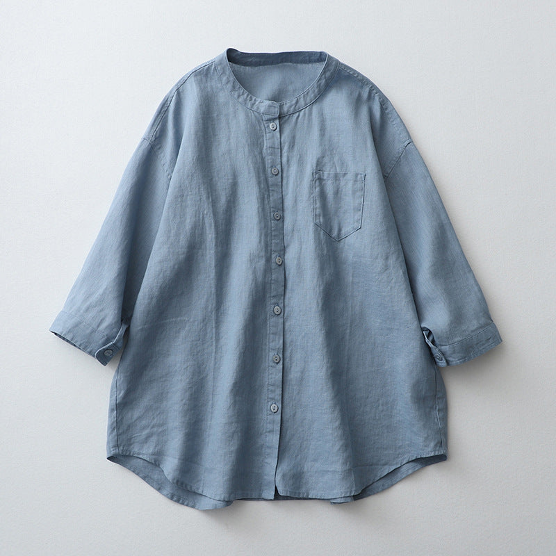 2025 summer linen shirt stand-up collar three-quarter sleeve white shirt loose plus size sunscreen shirt japanese cotton and linen women's clothing