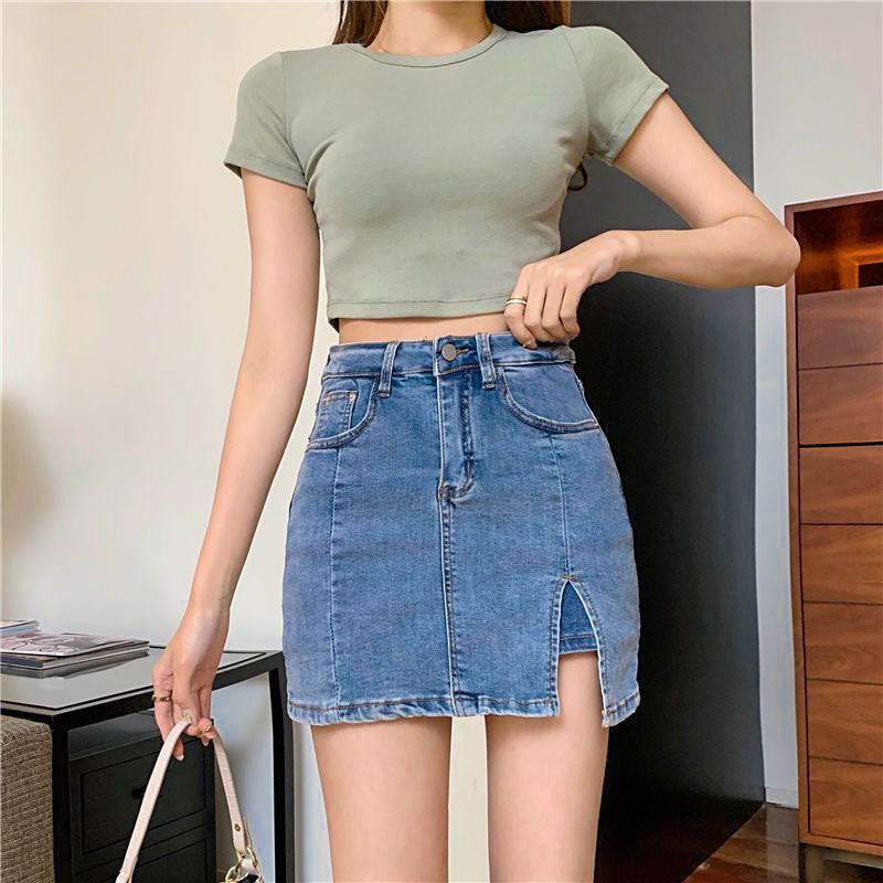 Anti-walking denim skirt ins style new stretch high-waisted A-line short skirt slit hip black skirt women