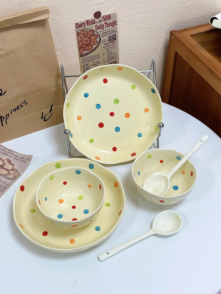 [Free shipping] color polka dot hand-painted underglaze color ceramic tableware set high value simple ceramic bowls and plates soup