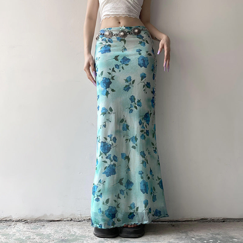 European and American retro style pattern contrast print mesh skirt cross-border low-waisted slim fungus side straight hip skirt