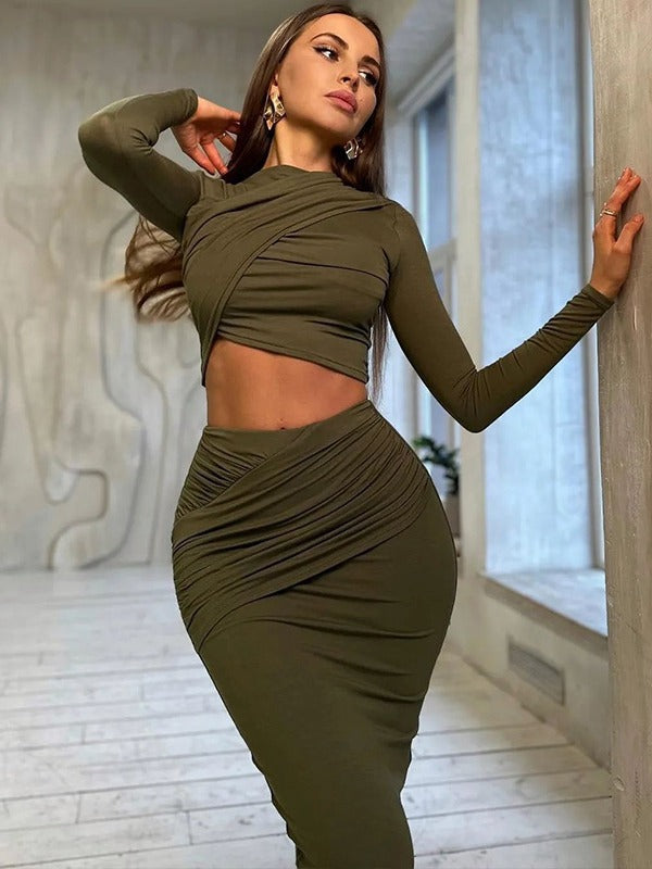 European and American style ins foreign trade solid color round neck irregular long sleeve crop top casual skirt two-piece set tide girl