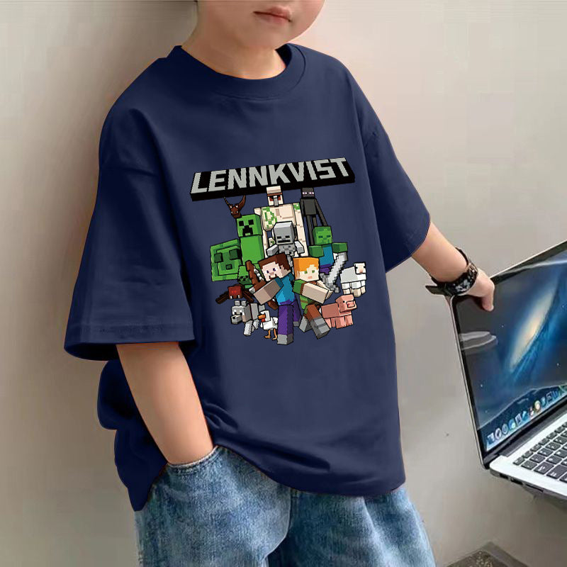 Cotton new boys short sleeve T-shirt summer minecraft print children's loose tide big kids loose top