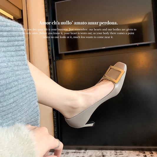 Spot second hair ~ Grape Mom French evening evening wind square buckle stiletto heel square toe shallow commuting single shoes women's spring and autumn