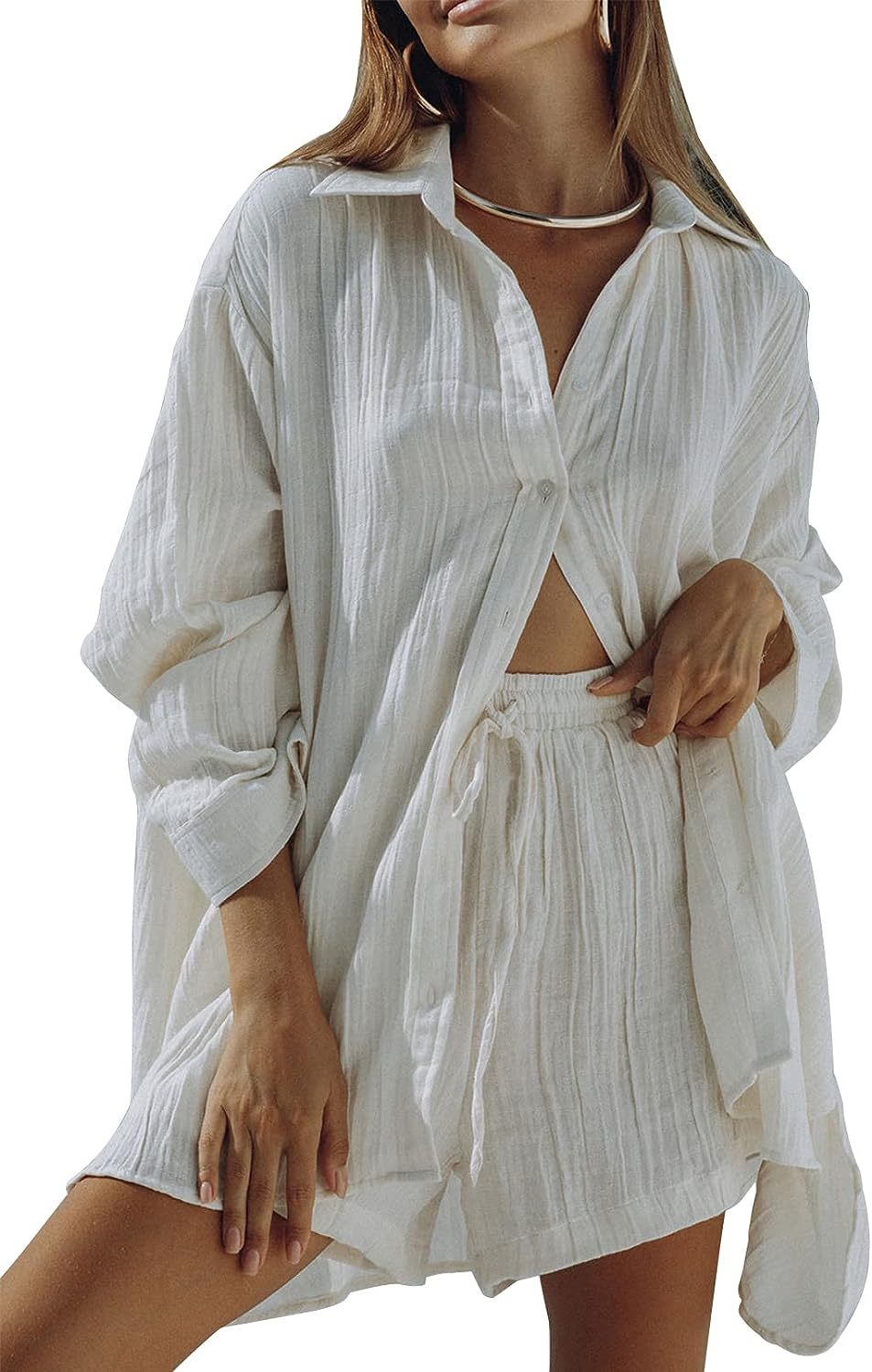 European and American women's casual two-piece set for summer 2023 new long-sleeved shirt, top and shorts tracksuit set