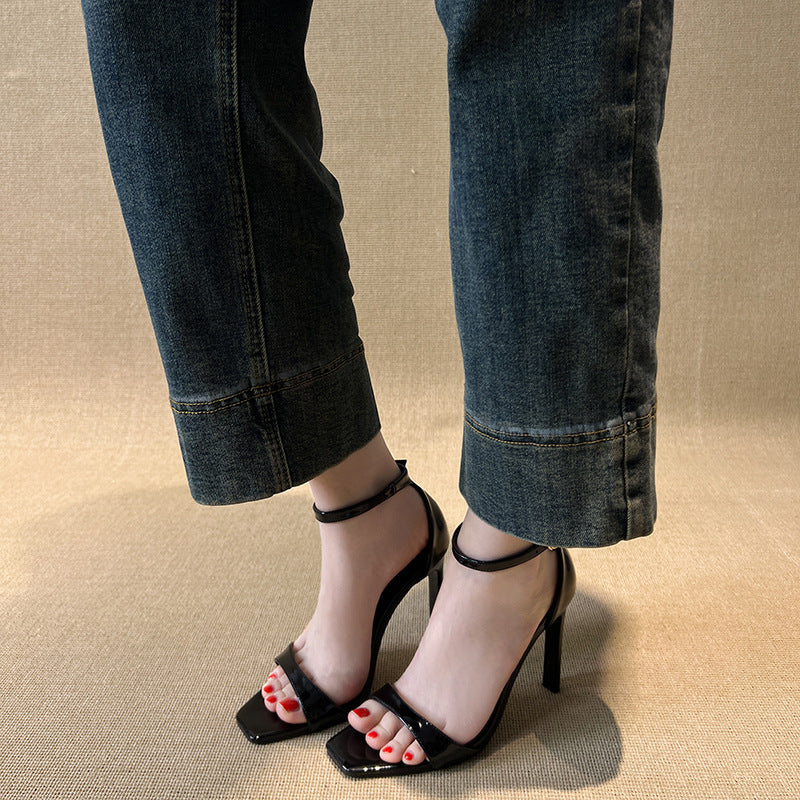 Sexy Open Toe High Heels Women's Summer 2025 New Square Toe Fashion Stiletto Heel Buckled Temperament Sandals