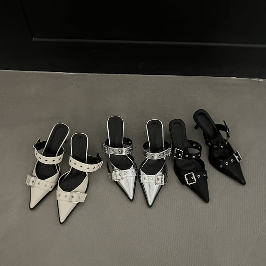 2025 Summer ~ Pointed toe belt buckle stiletto belt buckle single shoes women's European and American Baotou silver hollow heeled sandals