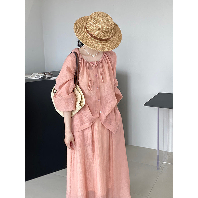 Jiangzuo [Jasmine Sweet Tea] Romantic Texture Wrinkle Sunscreen Slightly Translucent Shirt + Large Swing Skirt Pink Suit 110