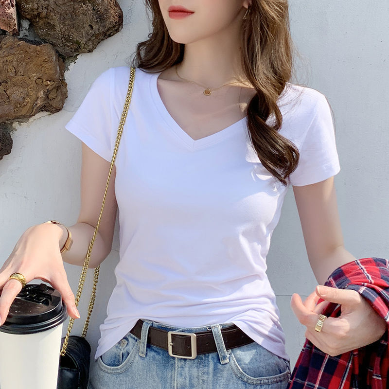 Wholesale Slim Short Sleeve T-Shirt Women's V-Neck Black Top Women's Chicken Heart Collar Summer 2024 New Design Sense Summer Dress