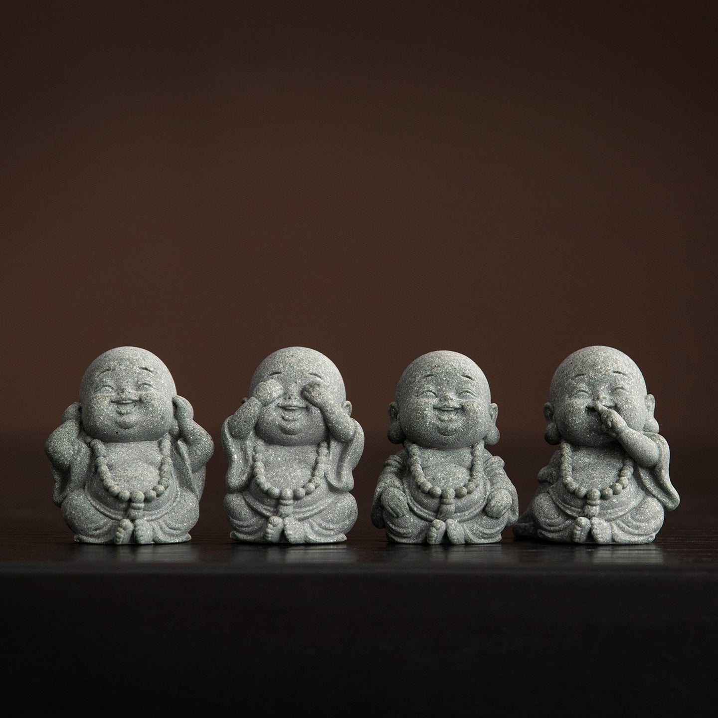 Blue sandstone, big belly, Maitreya Buddha, laughing Buddha, four small monks, creative ornaments, tabletop tea tables, handicrafts, landscaping decoration