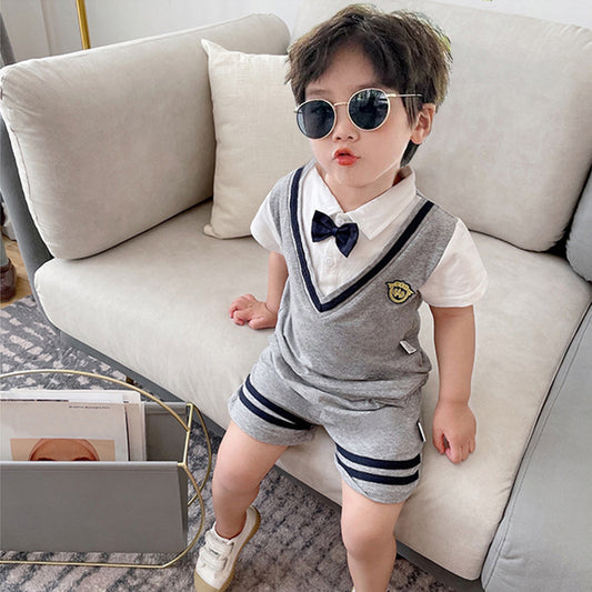 Boys' outfits 2025 new summer short-sleeved foreign trendy children's clothes children's summer dresses gentleman's one-year dresses