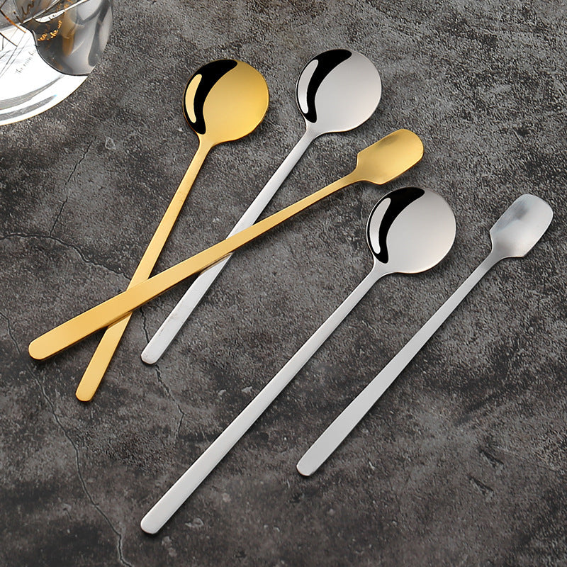 Stainless Steel Square Head Spoon Creative Long Handle Bar Iced Gold Coffee Mixing Spoon Small Round Spoon Mug Spoon