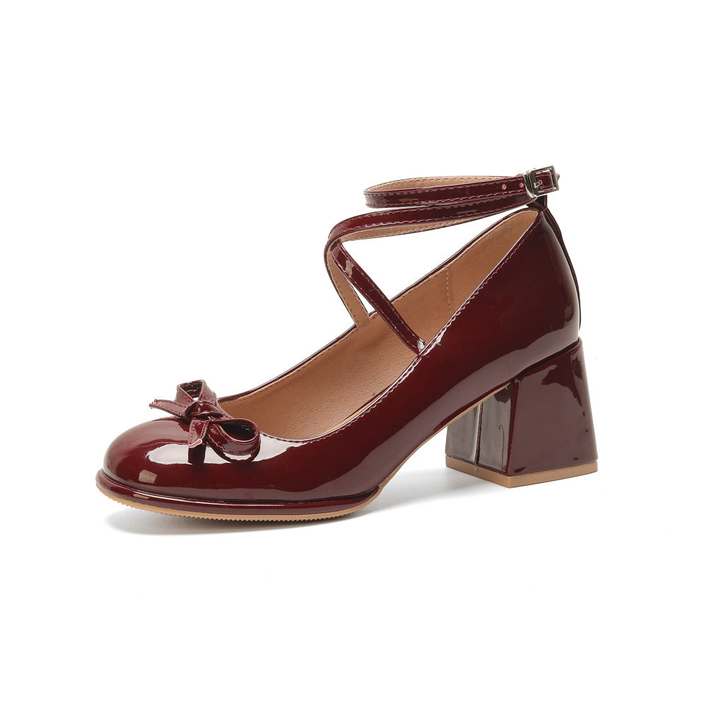 Mary Jane cross-strap with bow thick heel high heels wedding shoes mid-heel single shoes women's versatile cross-border exclusive