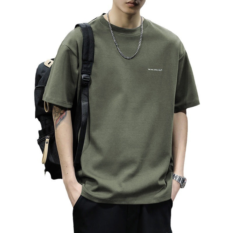 Heavy short-sleeved T-shirt men's top clothes summer new American cotton brand bottom white loose half-sleeve T-shirt