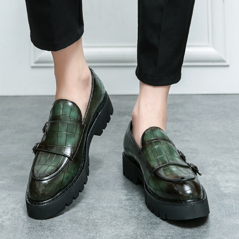 2023 new size double pin buckle loafers men's patent leather shiny block heel platform sole heightened hairstylist casual leather shoes