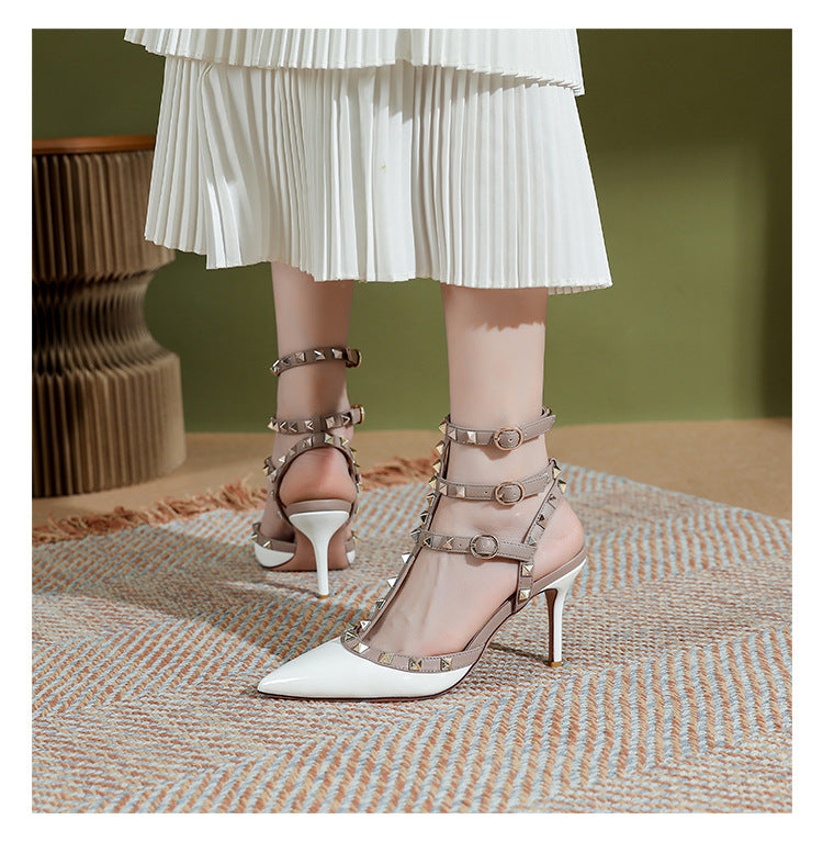 High version studded pointed-toe high heels summer 2025 European and American sexy willow ding stiletto heel three-ring strappy sandals women