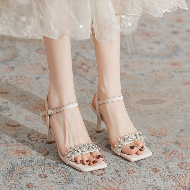 Nude high heels, women's summer buckle, rhinestones, French celebrity temperament, not tired, foot fairy style, fashion sandals