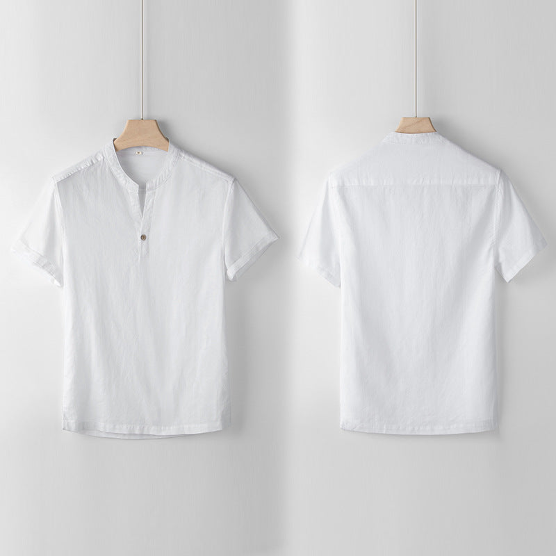202 men's linen cotton short sleeve pullover stand collar shirt casual linen scoop neck top