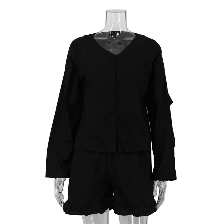 2023 Foreign Trade Women's Summer New Suit Beige Long Sleeve Loose Casual Shirt High Waist Shorts Two-Piece Set