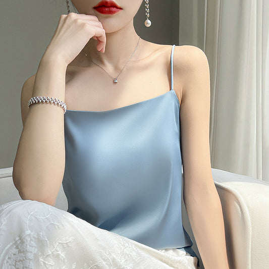 The new summer 2023 suspender silk wear suit with acetate satin neckline temperament top and vest inside