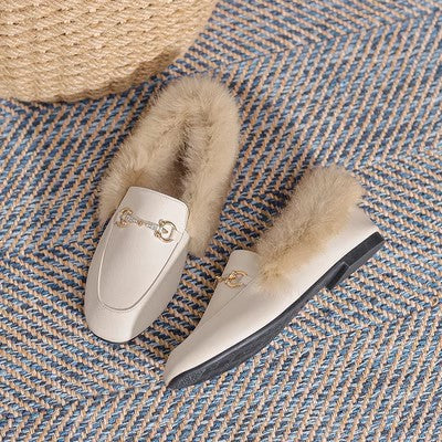 Wool shoes women's winter wear 2025 new autumn and winter flat heel plush bean shoes rabbit fur single shoes women's shoe trend