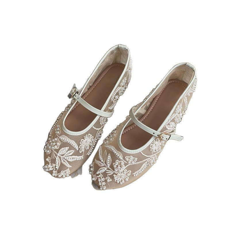 Embroidered pearl mesh ballet shoes women's fashion cut-out mesh round toe flat buckle strap Mary Jane shoes