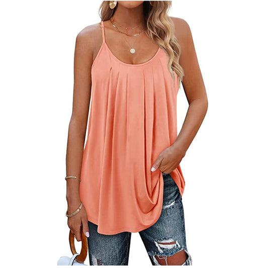 2022 Cross Border Amazon Women's Casual Summer Shirt Pleated Crew Neck Keyhole Loose Top