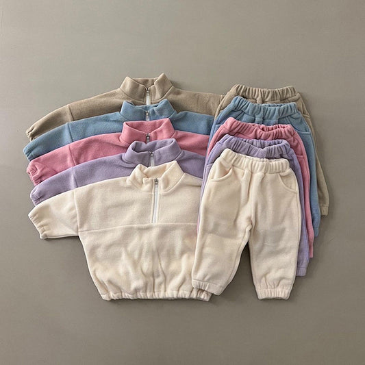 2025 Fall/Winter Baby Double-Sided Fleece Stand Collar Sports Set Baby Fleece Set Baby Wear Two-Piece Outer Set