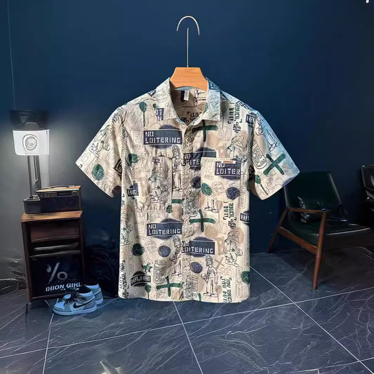 Fashion print short sleeve shirt men's summer design sense senior youth lapel loose casual shirt handsome men's wear