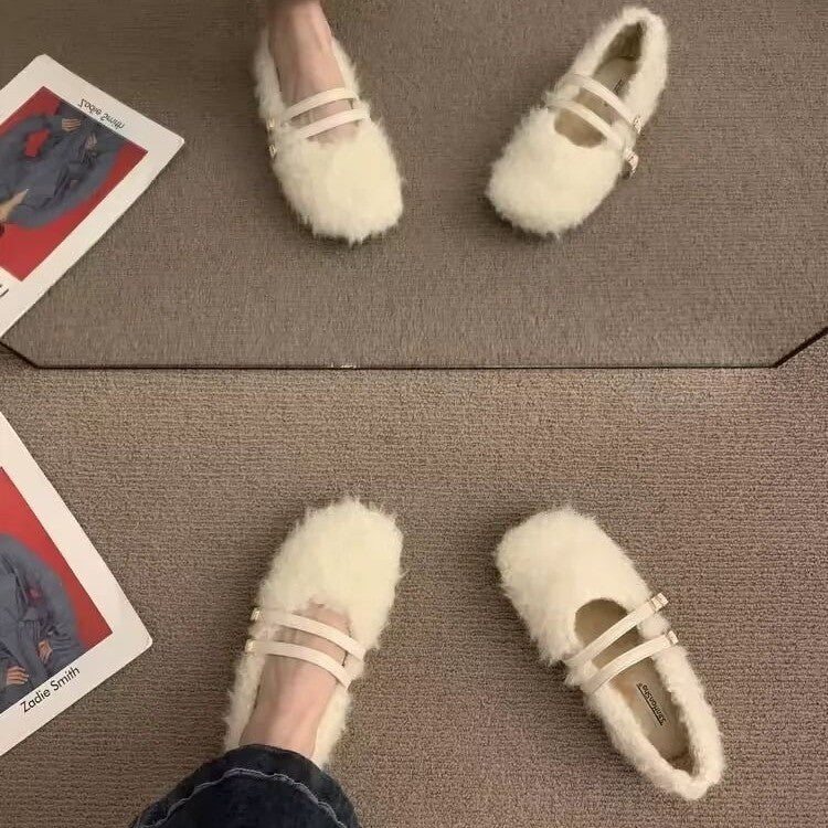 French evening breeze cross-buckle Mary Jane cotton shoes women's 2024 fall/winter new comfortable and versatile fur shoes