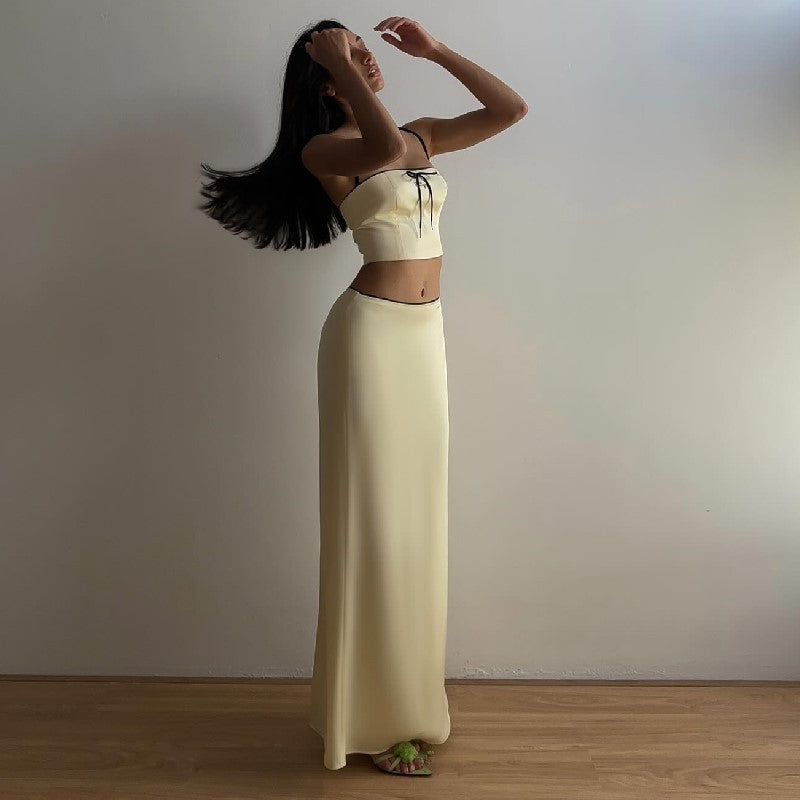 European and American foreign trade 2024 spring new sweet lace-up camisole small vest sexy lace long skirt suit women