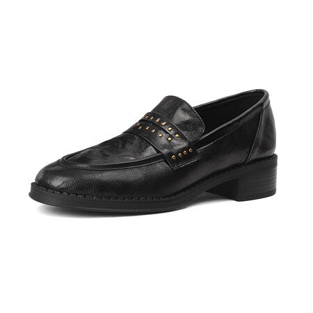 Sheepskin pleats vintage round toe rivets mid-heel commuter black work shoes with a kick of small leather shoes and thick heels women's singles shoes
