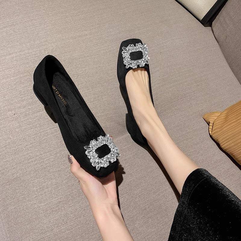 Black suede commuter high heels women's 2025 spring and autumn new square toe thick heel shallow rhinestone professional French shoes