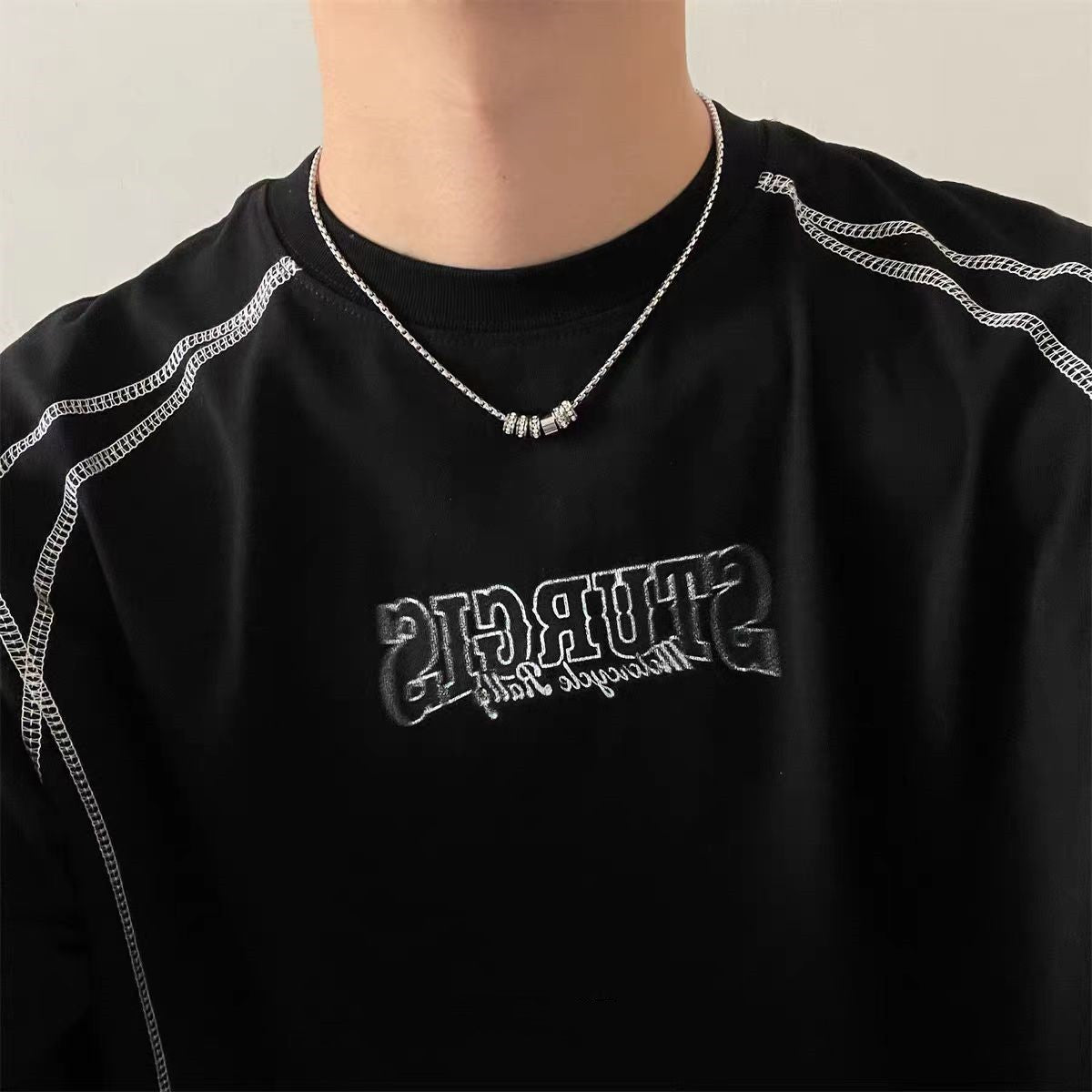 Black and white squares, glass stitching necklaces, men's niche, simple and versatile, titanium steel clavicle chain, light luxury, personality hip-hop jewelry