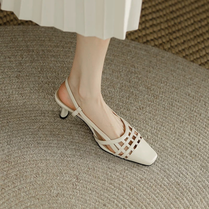 Giant thin ~ soft leather French baotou hollow sandals women's 2025 summer apricot color versatile woven hollow stiletto heels
