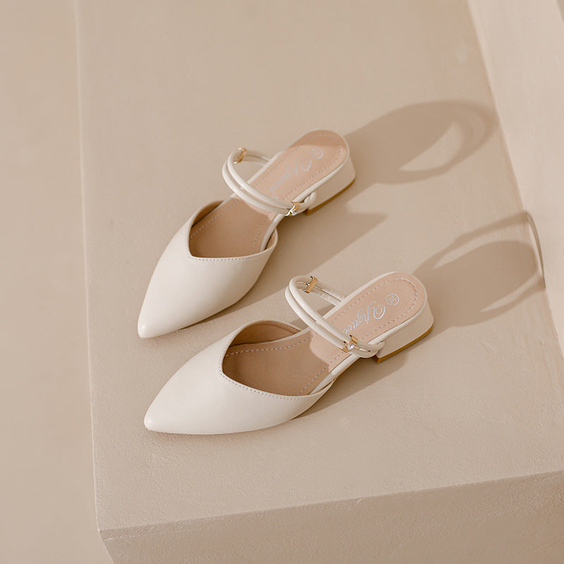 Baotou sandals women's summer 2025 new pointed toe block heel semi-drag fairy style wear flat slip-on single shoes