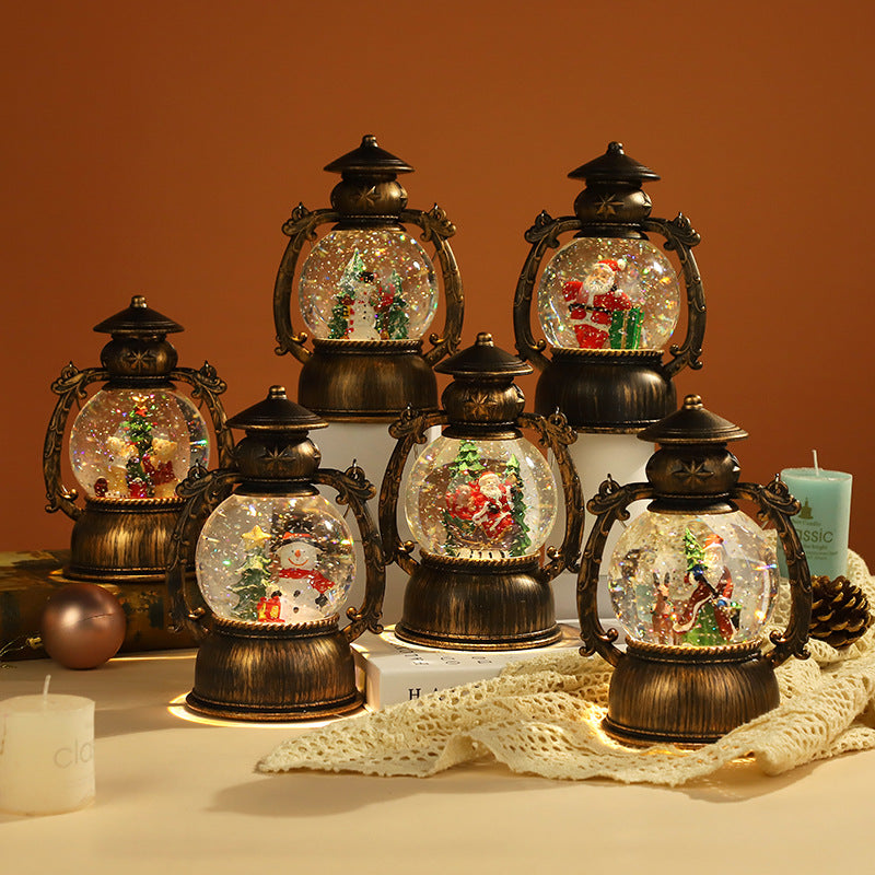 Cross-border Christmas music box lantern water and snow Christmas music box retro night light music box ornament