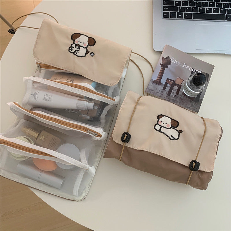 Original design puppy makeup bag, detachable mesh storage bag, large capacity portable travel 4-in-1 toiletry bag