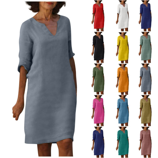 Amazon European and American cotton and linen V-neck stitching retro high-waisted solid color three-quarter sleeve dress cotton and linen wash crinkled fabric