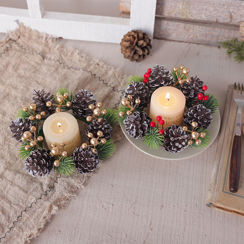 Cross border simulation pine cone red fruit candle wreath desktop home decoration Christmas table setting candle holder small garland